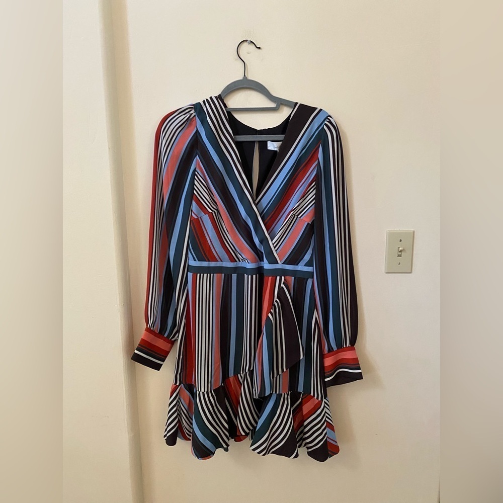 Adelyn Rae Multi Stripe Wrap Flounce Dress Women’s M 100% Polyester